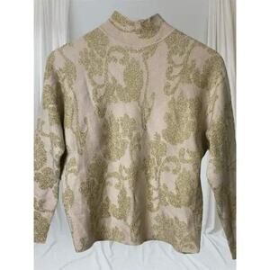 Sioni Blush Metallic Gold Floral Shimmer Jacquard Mock Neck Sweater Size M